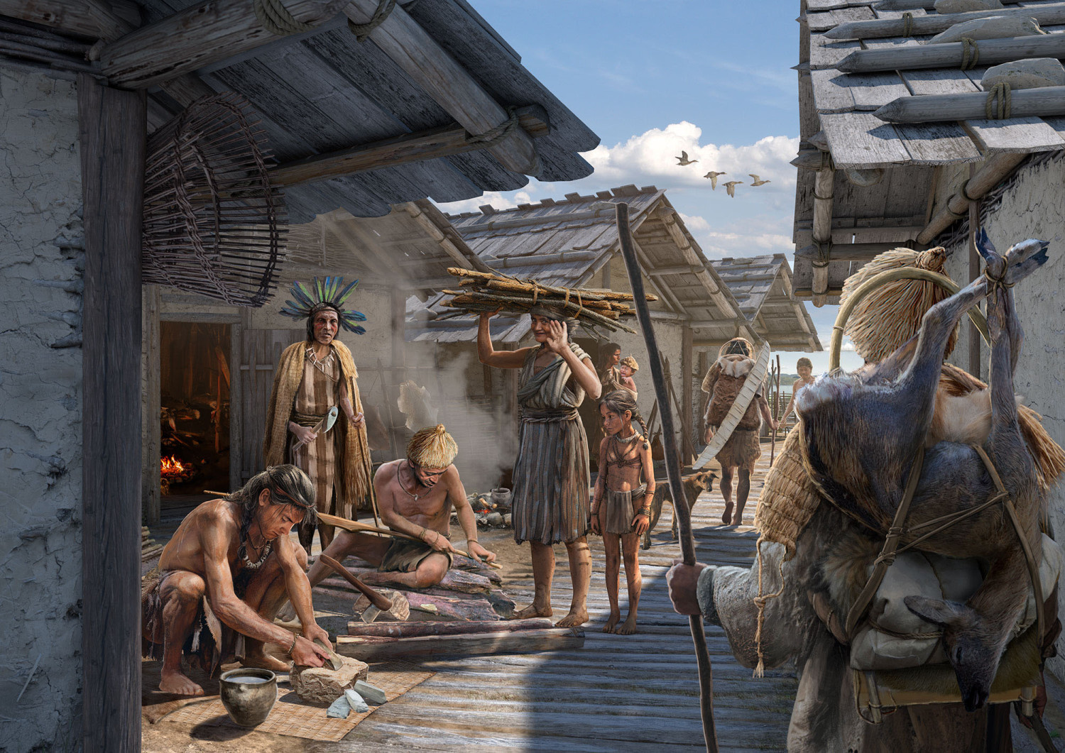 Blick in die Pfahlbausiedlung in Kehrsiten (Jungsteinzeit, 4. Jt. v. Chr.)