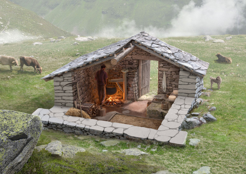 Einblick in die Alphütte mit Ausstattung zur Käseherstellung